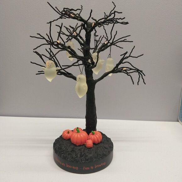 Hallmark Lighted Halloween Tree 5 Hanging Glass Ghost Ornaments Pumpkin Base - Picture 1 of 12